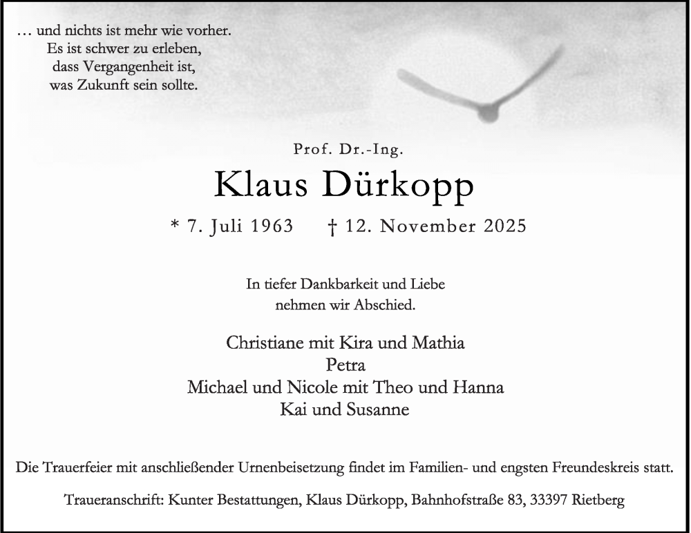  Traueranzeige für Klaus Dürkopp vom 22.11.2025 aus Die Glocke