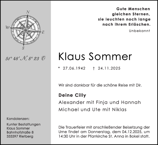 Traueranzeige von Klaus Sommer von Die Glocke