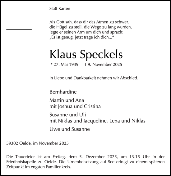 Traueranzeige von Klaus Speckels von Die Glocke