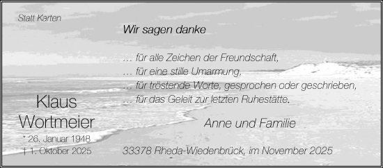 Traueranzeige von Klaus Wortmeier von Die Glocke