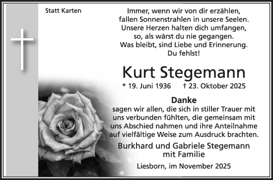 Traueranzeige von Kurt Stegemann von Die Glocke
