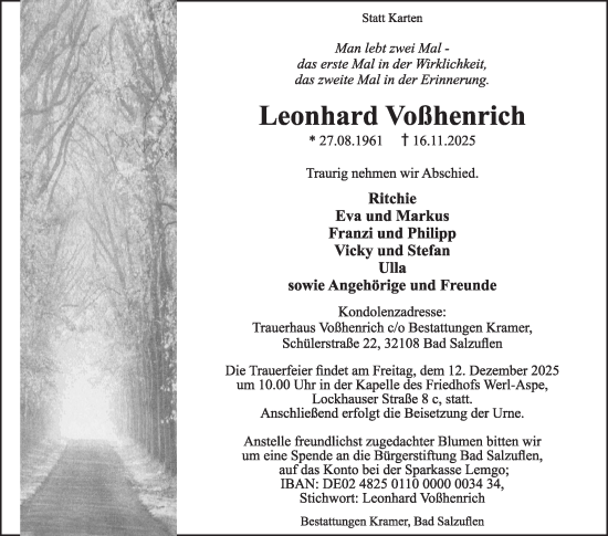 Traueranzeige von Leonhard Voßhenrich von Die Glocke