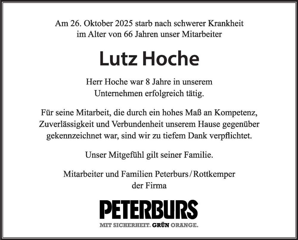  Traueranzeige für Lutz Hoche vom 08.11.2025 aus Die Glocke