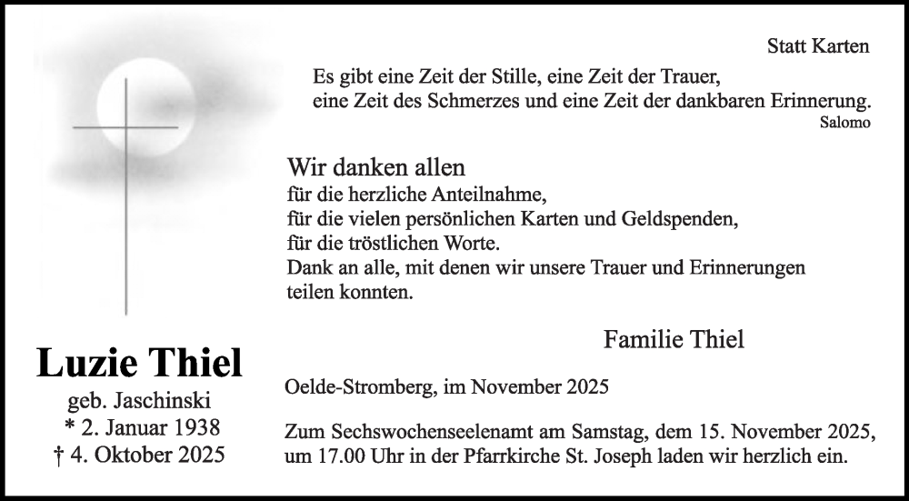  Traueranzeige für Luzie Thiel vom 08.11.2025 aus Die Glocke