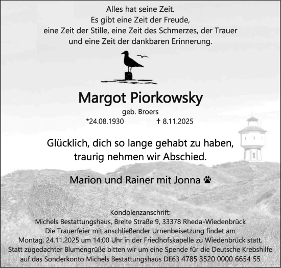 Traueranzeige von Margot Piorkowsky von Die Glocke