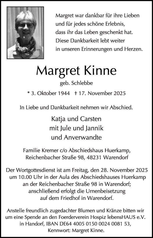  Traueranzeige für Margret Kinne vom 22.11.2025 aus Die Glocke