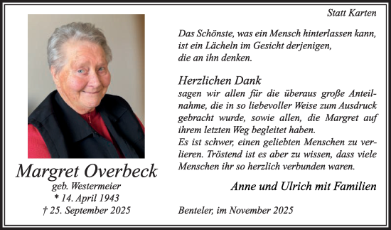 Traueranzeige von Margret Overbeck von Die Glocke