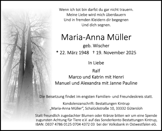 Traueranzeige von Maria-Anna Müller von Die Glocke