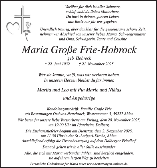 Traueranzeige von Maria Große Frie-Hobrock von Die Glocke