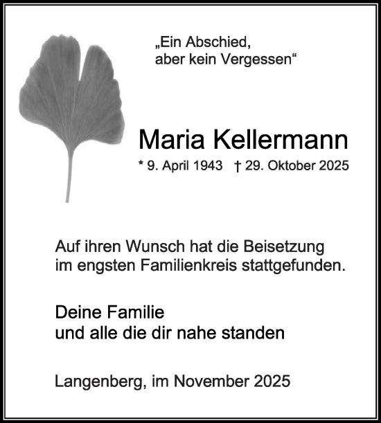 Traueranzeige von Maria Kellermann von Die Glocke