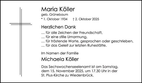 Traueranzeige von Maria Köller von Die Glocke
