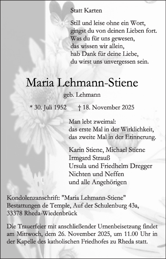 Traueranzeige von Maria Lehmann-Stiene von Die Glocke
