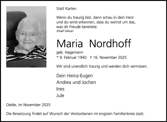 Traueranzeige von Maria Nordhoff von Die Glocke
