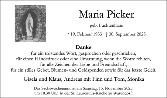 Traueranzeige von Maria Picker von Die Glocke