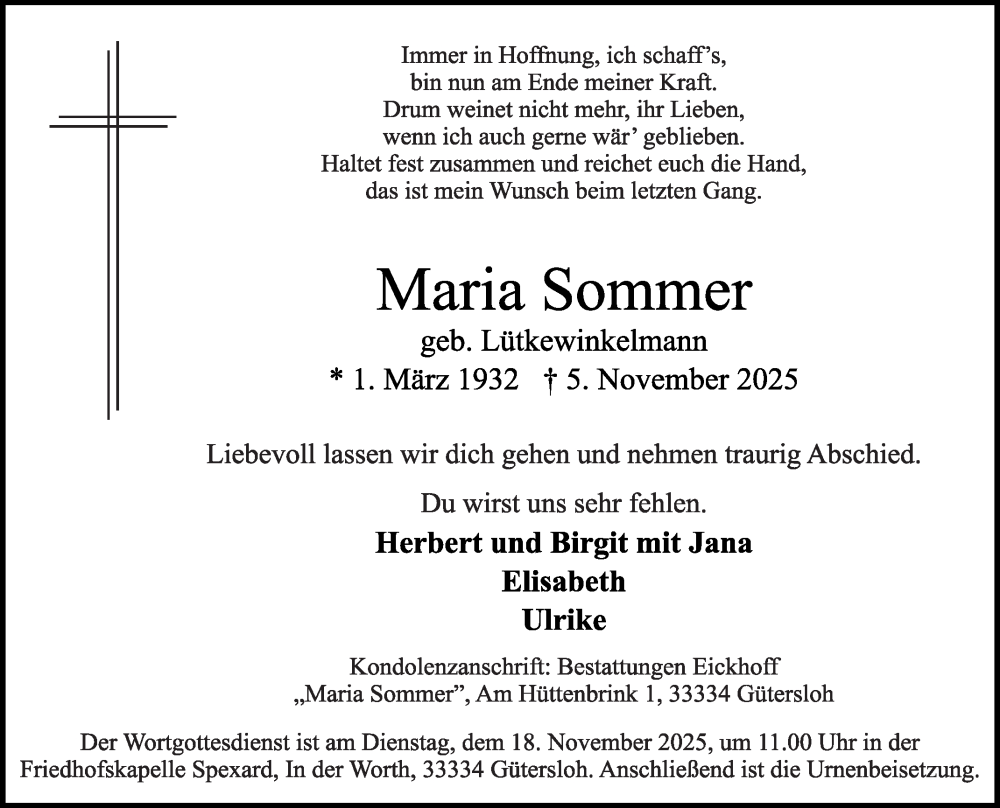  Traueranzeige für Maria Sommer vom 15.11.2025 aus Die Glocke