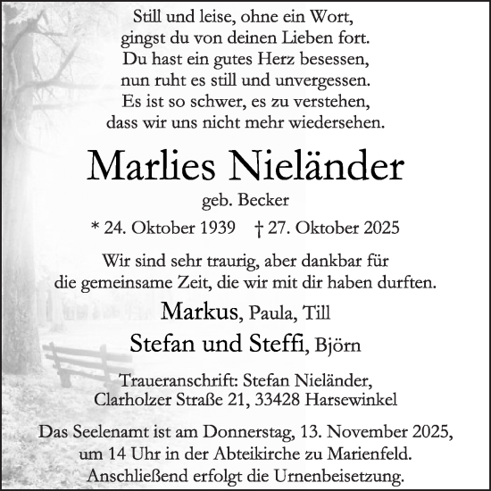 Traueranzeige von Marlies Nieländer von Die Glocke