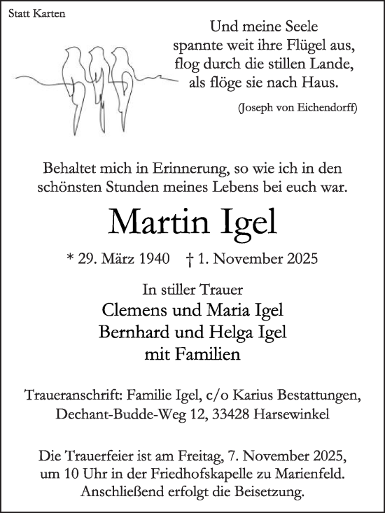 Traueranzeige von Martin Igel von Die Glocke