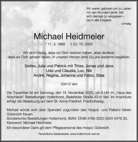 Traueranzeige von Michael Heidmeier von Die Glocke