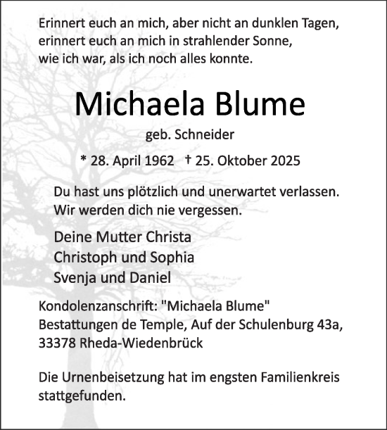 Traueranzeige von Michaela Blume von Die Glocke