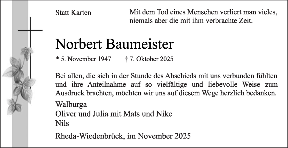  Traueranzeige für Norbert Baumeister vom 22.11.2025 aus Die Glocke