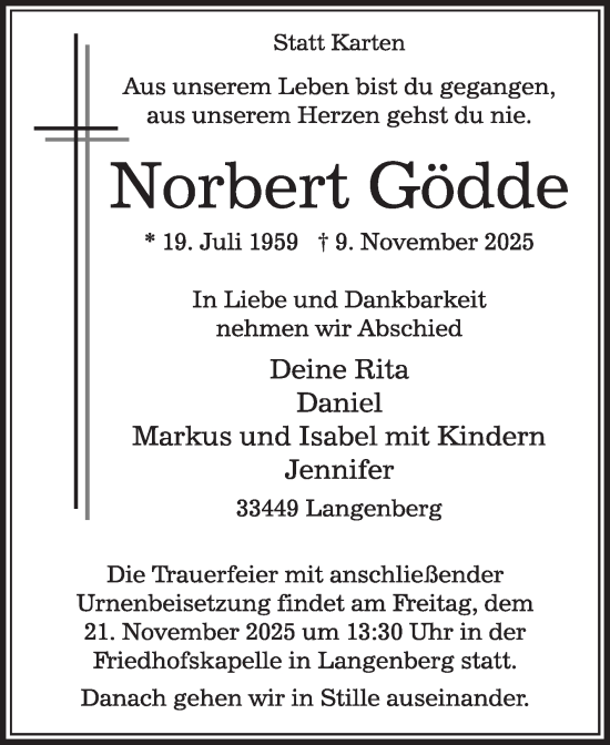 Traueranzeige von Norbert Gödde von Die Glocke
