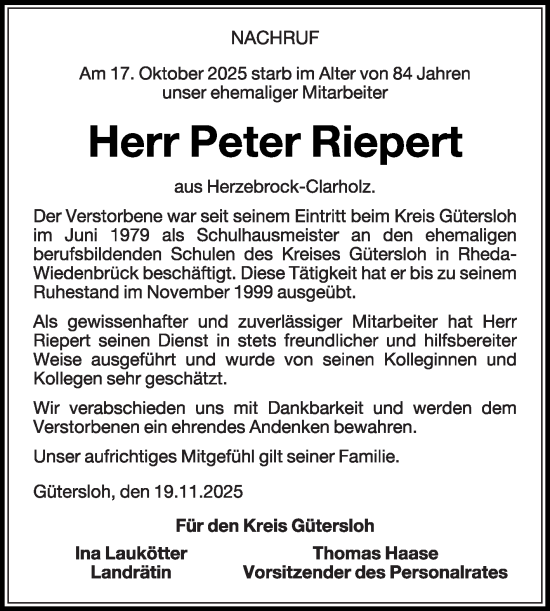 Traueranzeige von Peter Riepert von Die Glocke