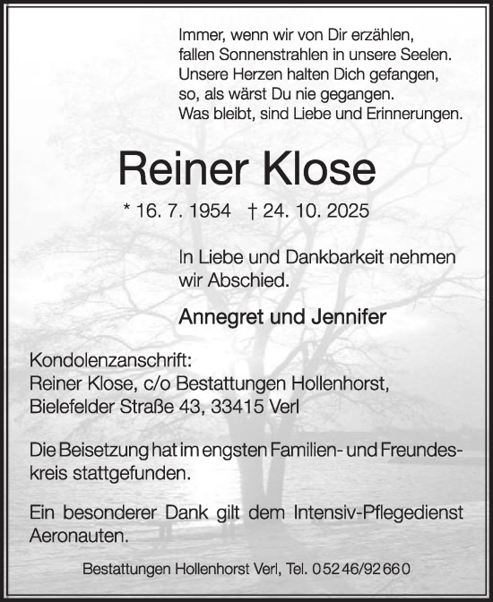 Traueranzeige von Reiner Klose von Die Glocke
