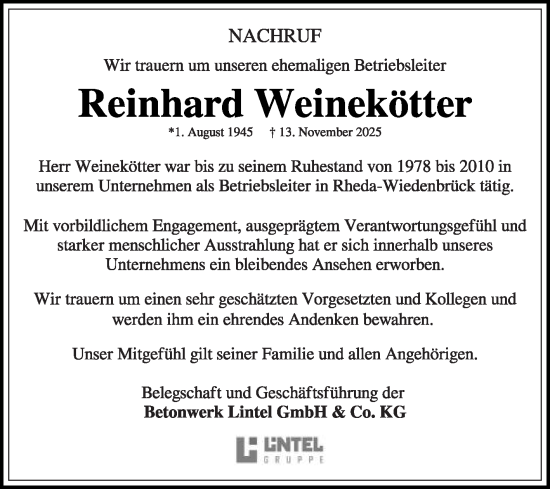 Traueranzeige von Reinhard Weinekötter von Die Glocke