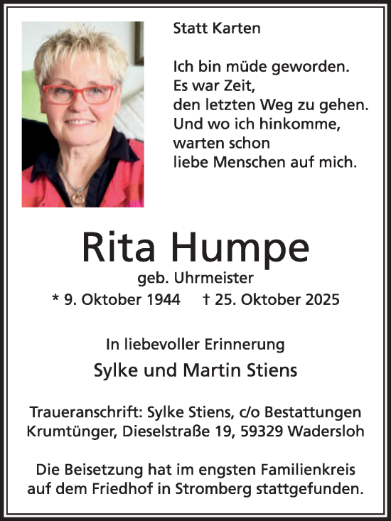 Traueranzeige von Rita Humpe von Die Glocke