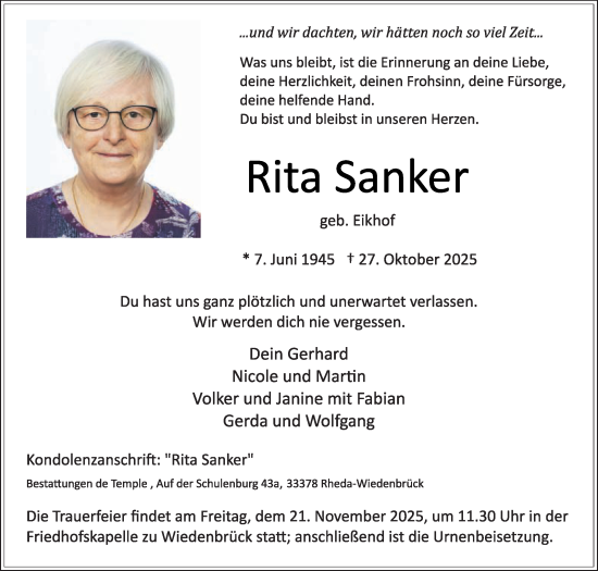 Traueranzeige von Rita Sanker von Die Glocke