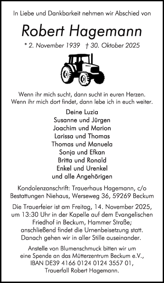 Traueranzeige von Robert Hagemann von Die Glocke