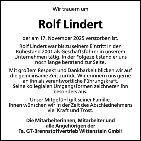 Traueranzeige von Rolf Lindert von Die Glocke