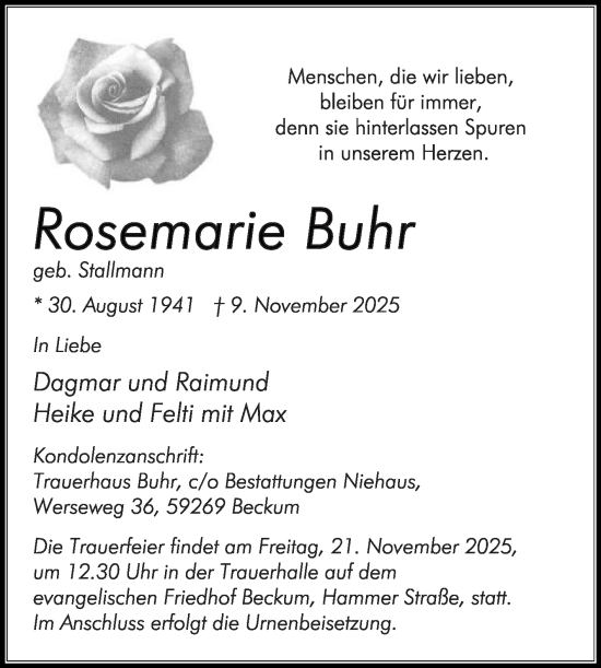 Traueranzeige von Rosemarie Buhr von Die Glocke