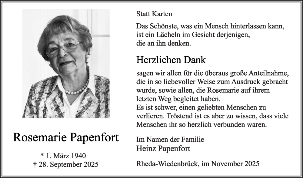  Traueranzeige für Rosemarie Papenfort vom 15.11.2025 aus Die Glocke