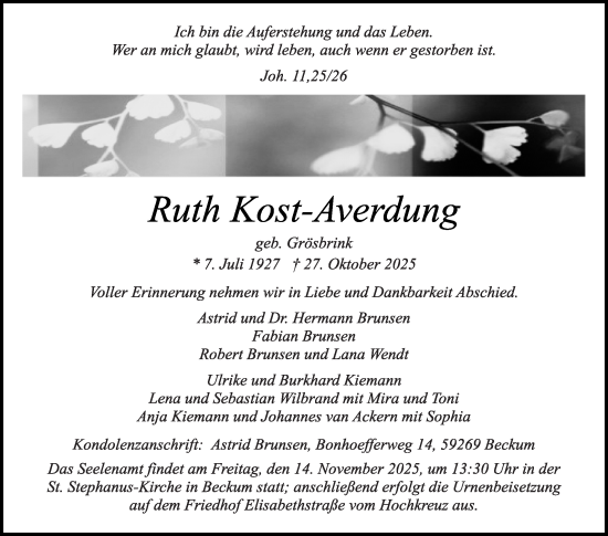 Traueranzeige von Ruth Kost-Averdung von Die Glocke