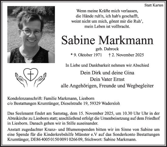 Traueranzeige von Sabine Markmann von Die Glocke