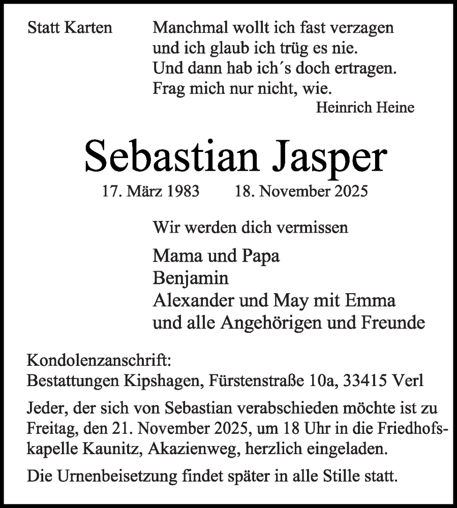  Traueranzeige für Sebastian Jasper vom 20.11.2025 aus Die Glocke