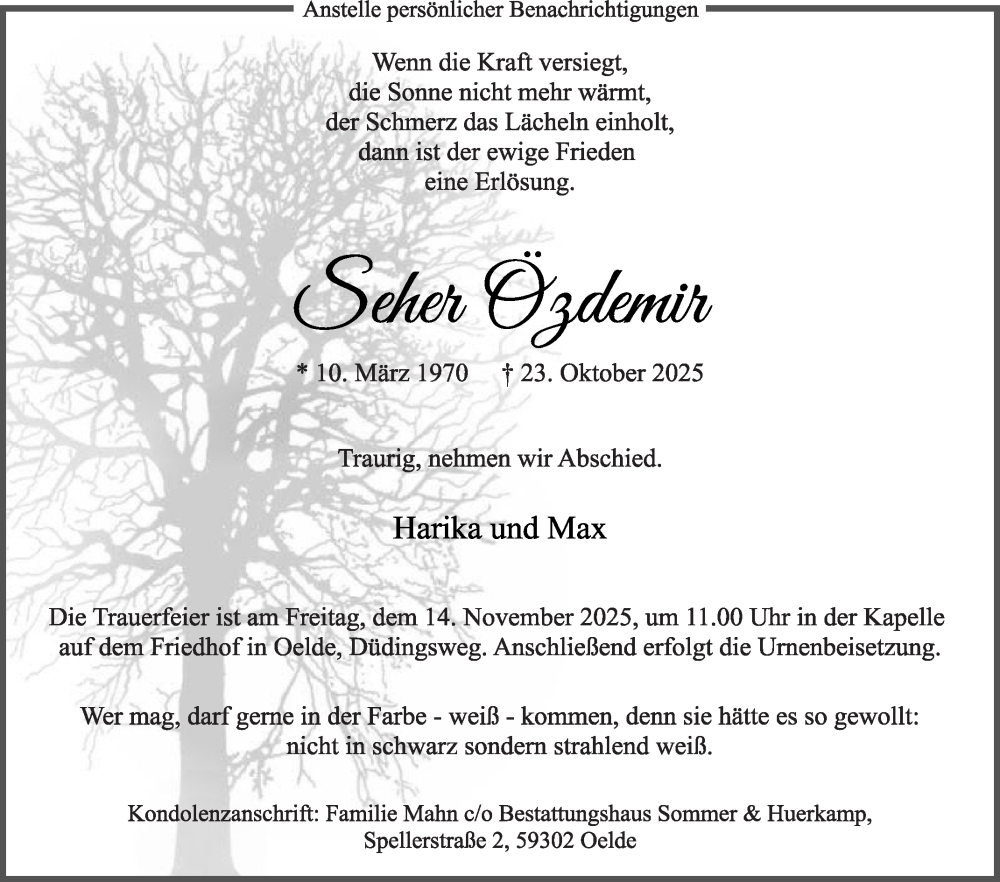  Traueranzeige für Seher Özdemir vom 08.11.2025 aus Die Glocke