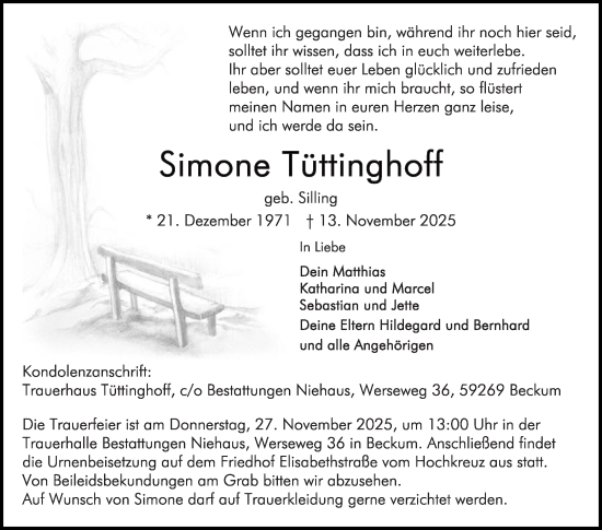 Traueranzeige von Simone Tüttinghoff von Die Glocke