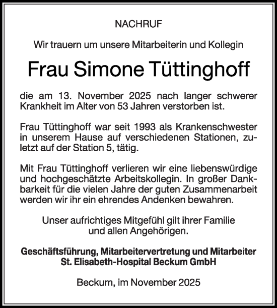 Traueranzeige von Simone Tüttinghoff von Die Glocke