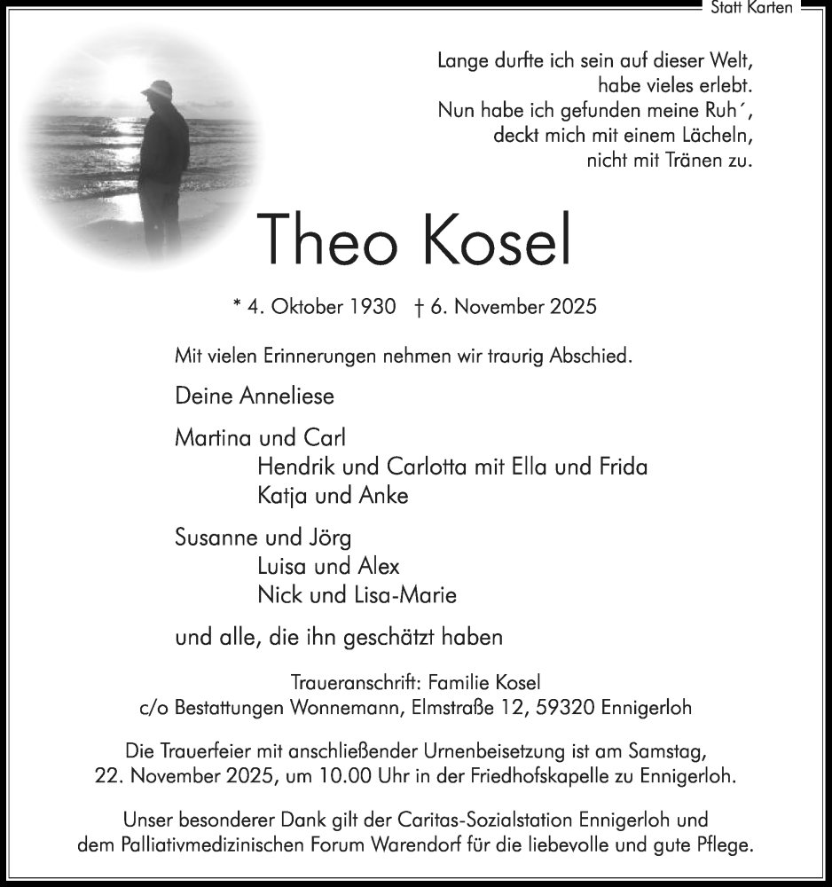  Traueranzeige für Theo Kosel vom 15.11.2025 aus Die Glocke