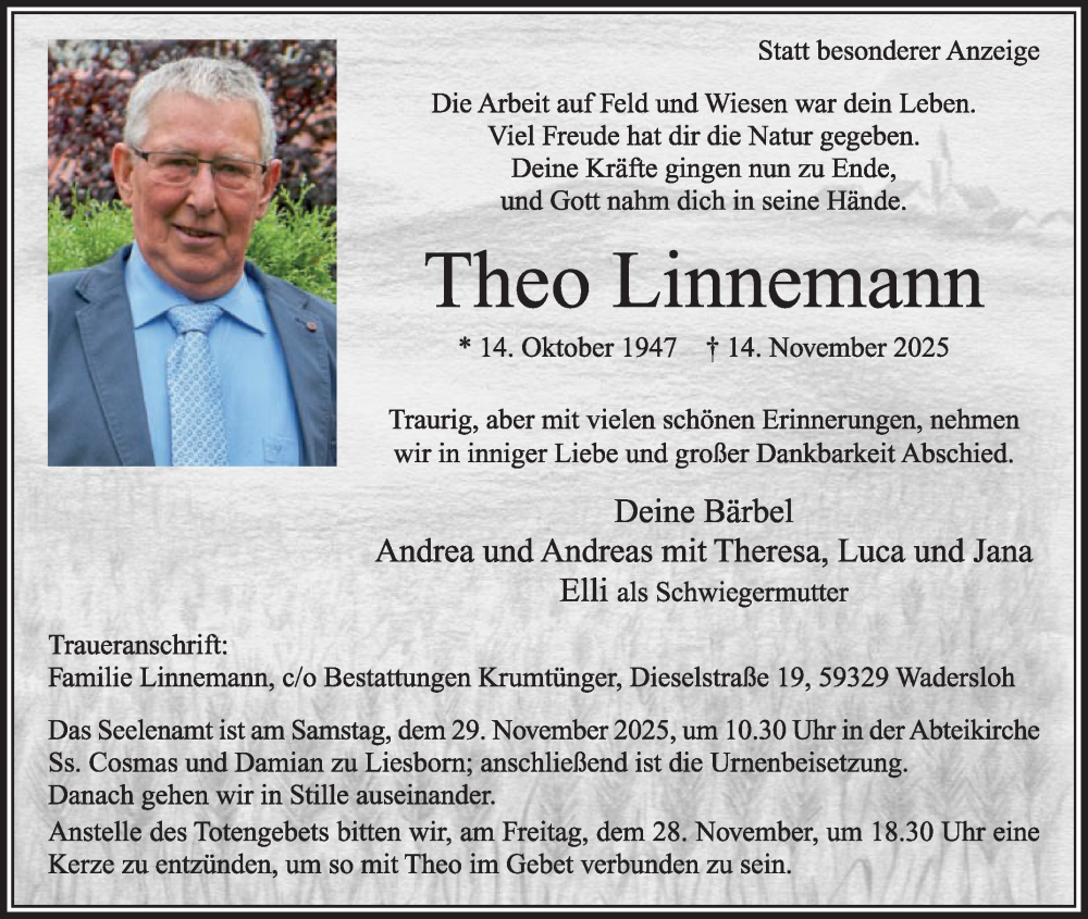  Traueranzeige für Theo Linnemann vom 22.11.2025 aus Die Glocke