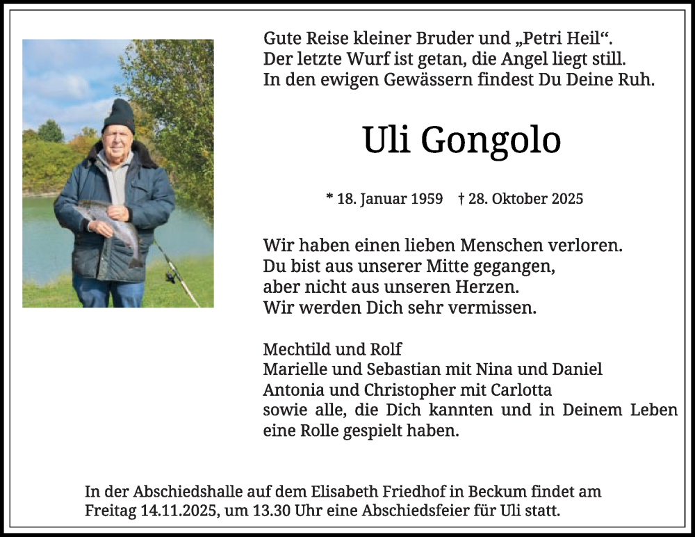  Traueranzeige für Uli Gongolo vom 08.11.2025 aus Die Glocke