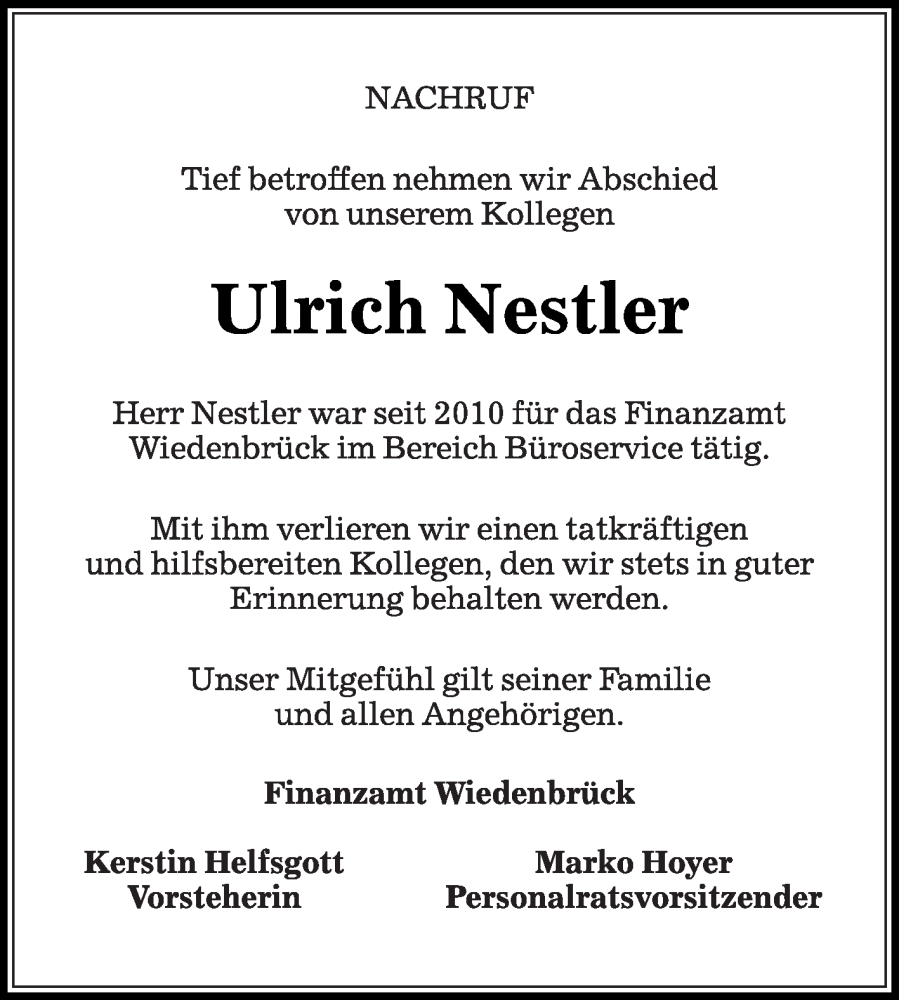  Traueranzeige für Ulrich Nestler vom 19.11.2025 aus Die Glocke