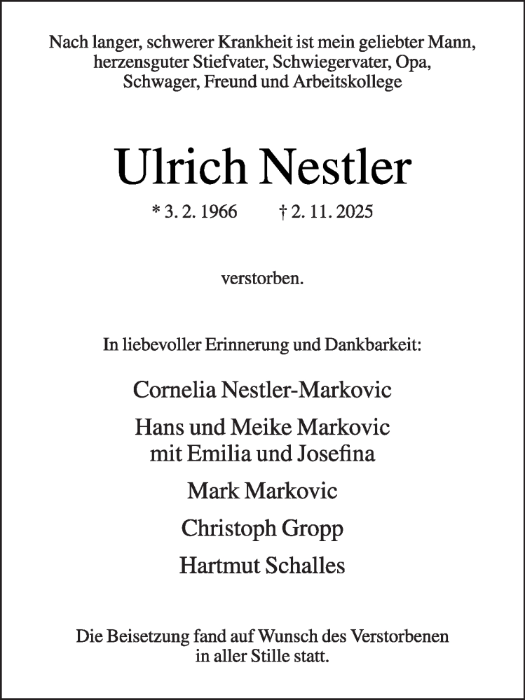  Traueranzeige für Ulrich Nestler vom 15.11.2025 aus Die Glocke