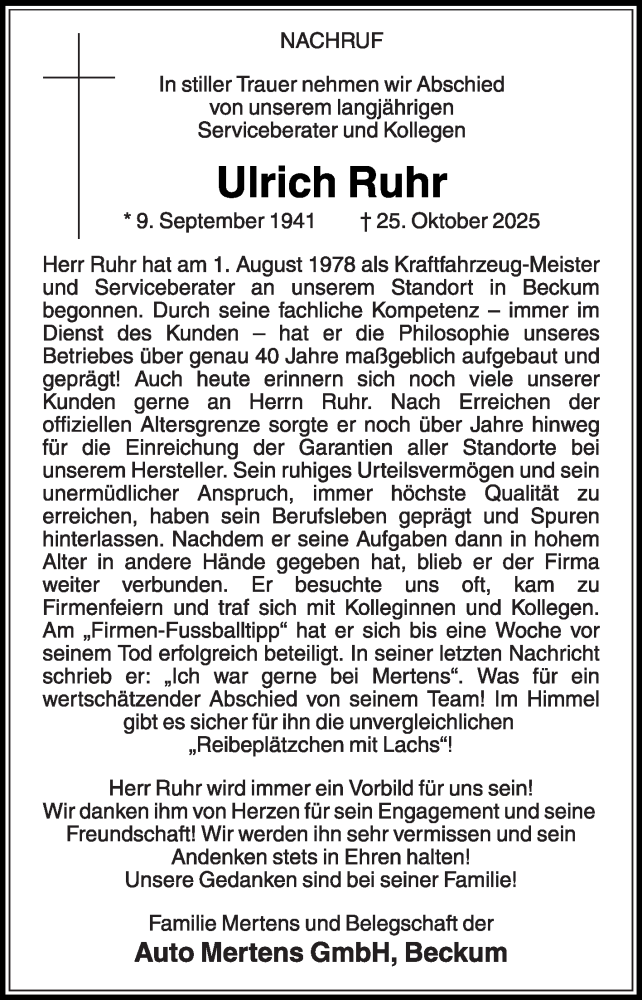  Traueranzeige für Ulrich Ruhr vom 08.11.2025 aus Die Glocke
