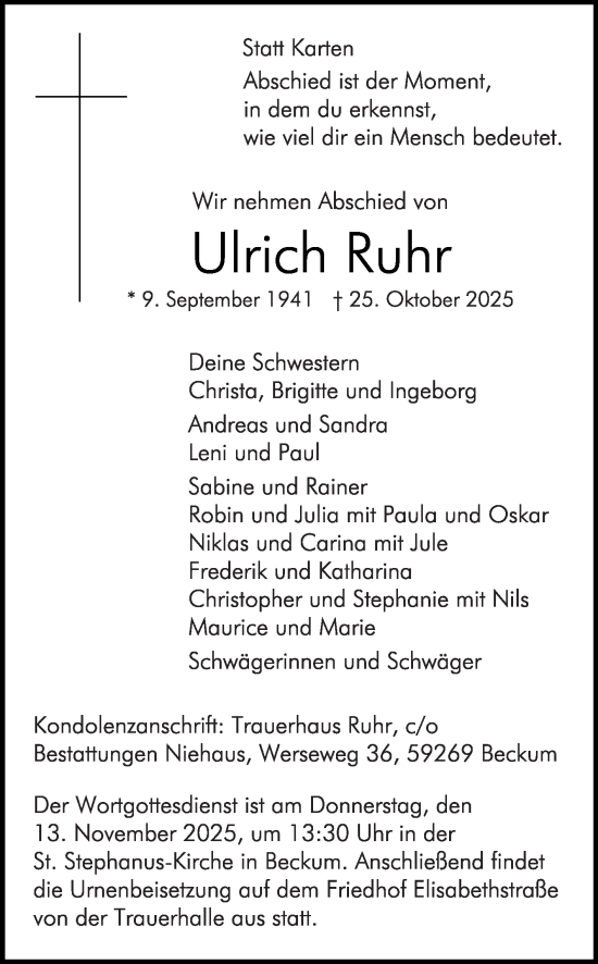 Traueranzeige von Ulrich Ruhr von Die Glocke