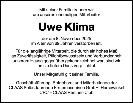 Traueranzeige von Uwe Klima von Die Glocke