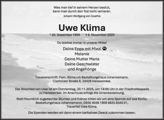 Traueranzeige von Uwe Klima von Die Glocke