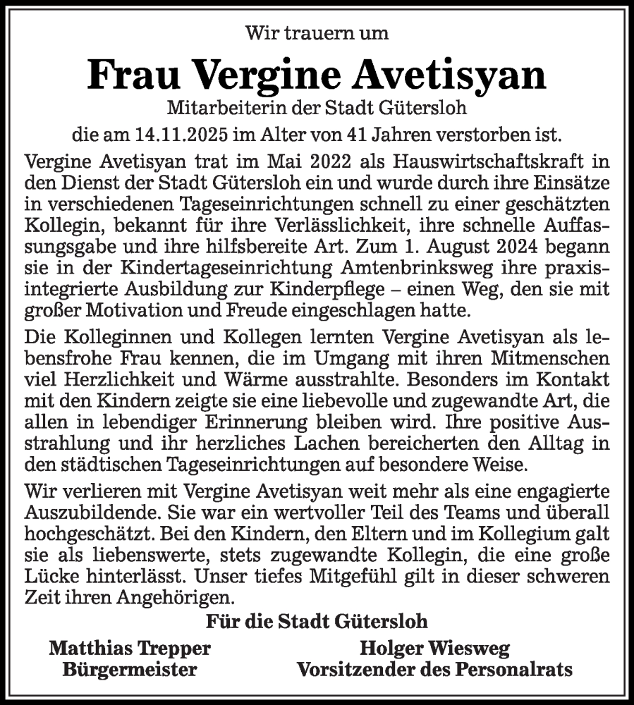  Traueranzeige für Vergine Avetisyan vom 22.11.2025 aus Die Glocke